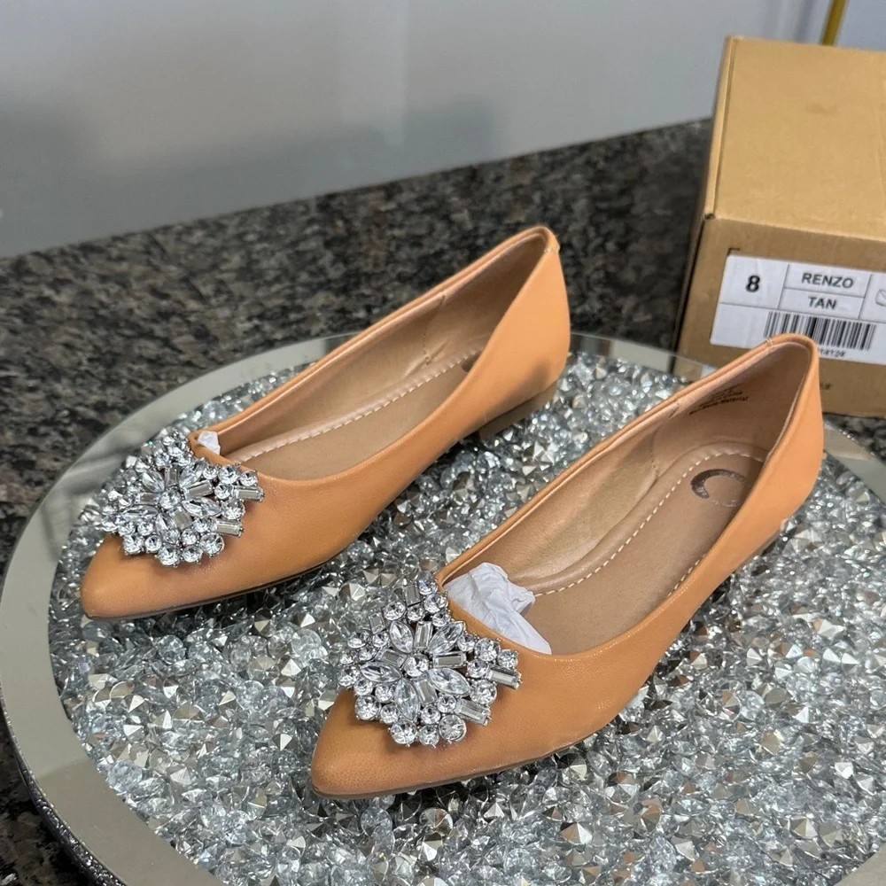 Journee Tan Pointed-Toe Flats with Crystal Embellishment NEW 8